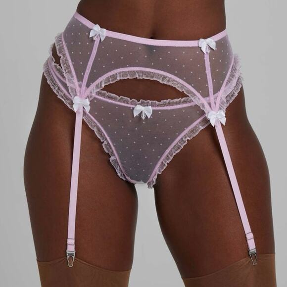 Scarlett Gasque Sheer Pink Polka Dot Suspender Garter Belt women’s size large - Picture 3 of 8